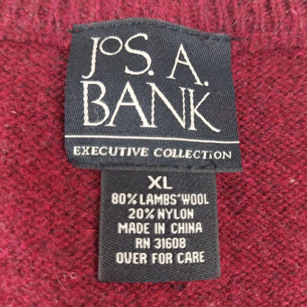Jos. A. Bank Argyle Sweater Mens XL Burgundy Lambswool Blend V-Neck Executive